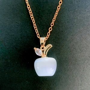 Gem Stone Apple Necklace with Rhinestone details on a 18 inch gold chain!